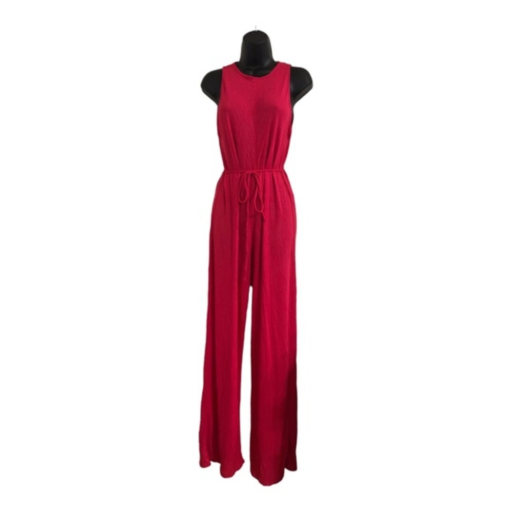 Zara pink ribbed knit stretch soft sleeveless belted maxi jumpsuit size small